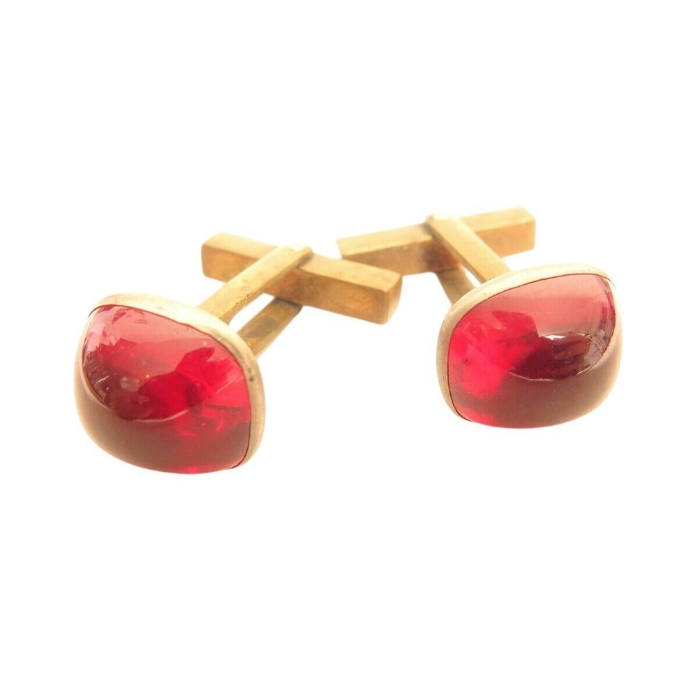 Antique Silver Tone & Brass Domed Red Glass Cabochon Cufflinks*Formal Groom